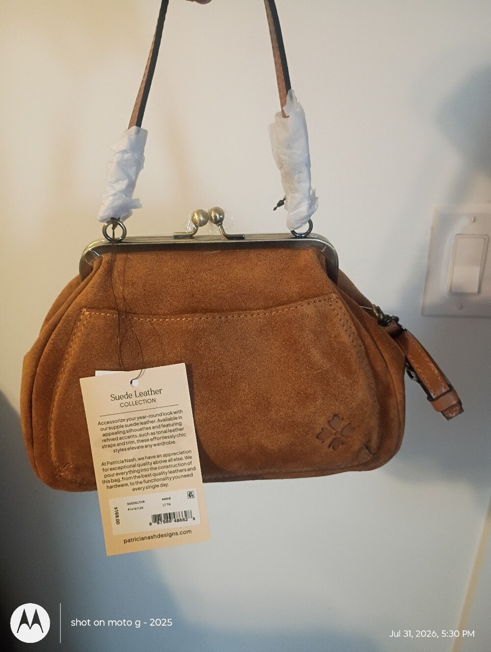 NWT Patricia Nash Suede Annie Kisslock Frame Bag Crossbody Satchel Tan - - Picture 3 of 14